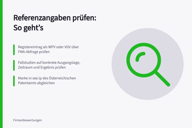 Referenzangaben prüfen: So geht’s: Registereintrag als WPV oder VGV über FMA-Abfrage prüfen; Fallstudien auf konkrete Ausgangslage, Zeitraum und Ergebnis prüfen; Marke in see.ip des Österreichischen Patentamts abgleichen. Wie Referenzangaben auf Anbieterprofile geprüft werden können