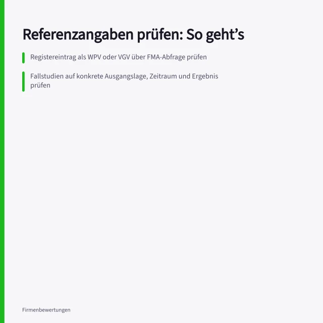 Referenzangaben prüfen: So geht’s: Registereintrag als WPV oder VGV über FMA-Abfrage prüfen; Fallstudien auf konkrete Ausgangslage, Zeitraum und Ergebnis prüfen; Marke in see.ip des Österreichischen Patentamts abgleichen. Wie Referenzangaben auf Anbieterprofile geprüft werden können